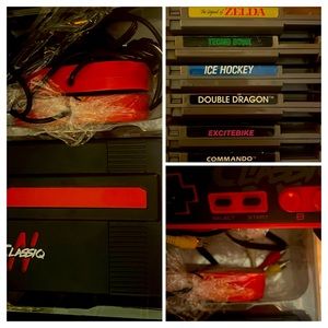 Classiq NES system and 6 original Nintendo games.